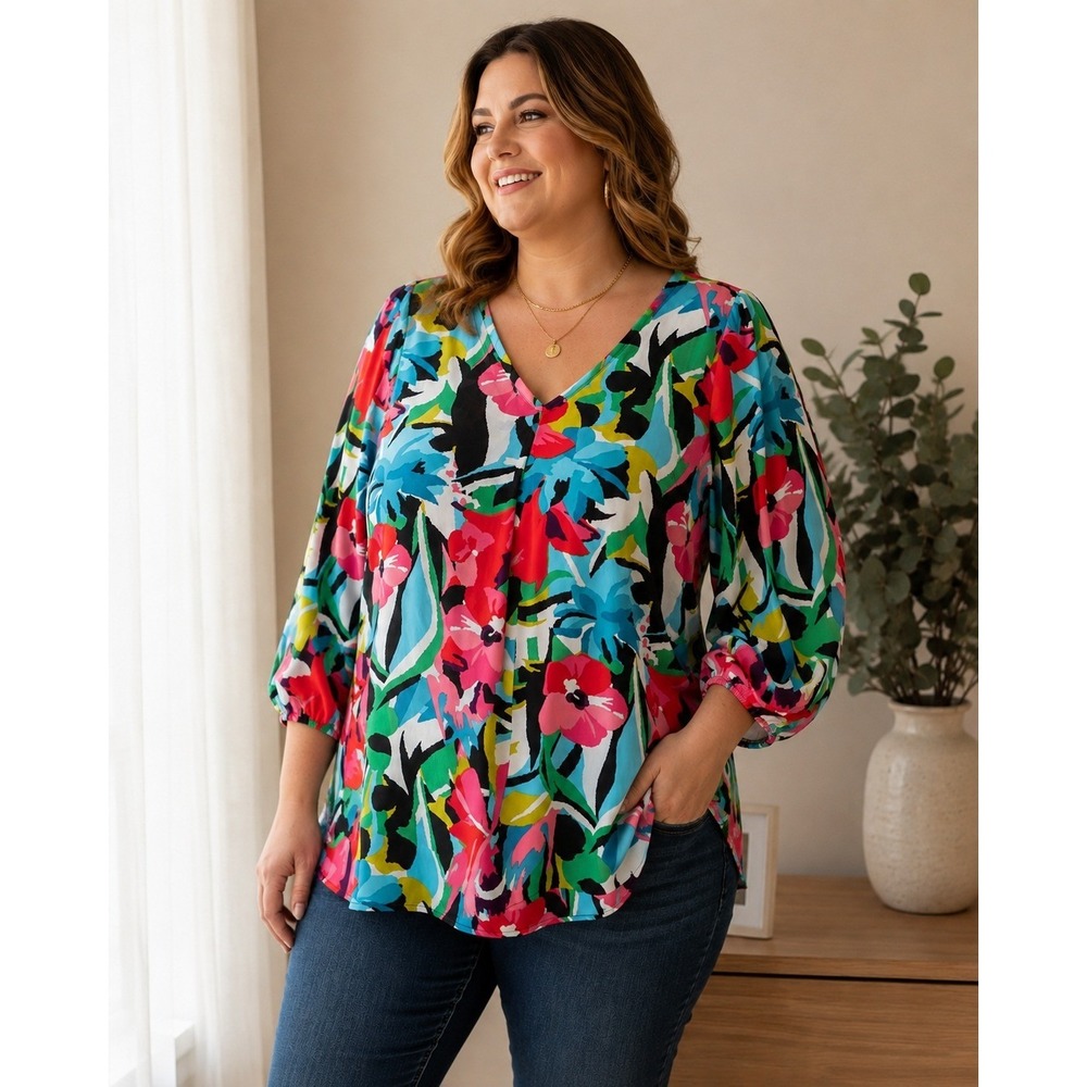 NWT Chenault Floral‎ V-Neck Blouse Womens 1X Colorful Career Plus Size